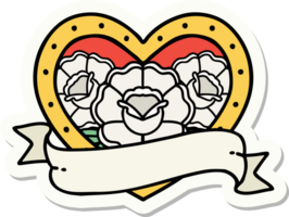 pegatina de tatuaje al estilo tradicional de un corazón y pancarta con flores png