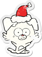 nervous dog hand drawn distressed sticker cartoon of a wearing santa hat png