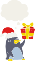 dibujos animados pingüino con Navidad presente con pensamiento burbuja en retro estilo png