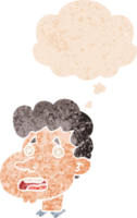 cartoon shocked man with thought bubble in grunge distressed retro textured style png