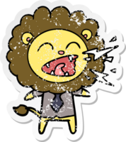 distressed sticker of a cartoon roaring lion businessman png