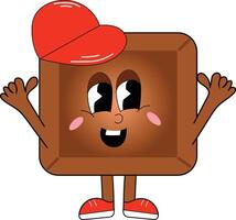 Cute chocolate piece retro style. In red shoes and hat. World Chocolate day vector