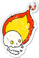 distressed sticker of a spooky cartoon flaming skull png