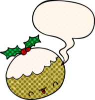 cute cartoon christmas pudding with speech bubble in comic book style png