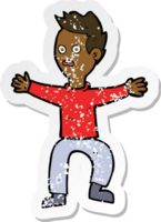 retro distressed sticker of a cartoon man panicking png