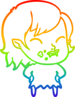 rainbow gradient line drawing of a cartoon vampire girl with blood on cheek png