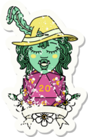 Retro Tattoo Style half orc bard with natural 20 dice roll png