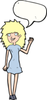 dessin animé femme heureuse agitant avec bulle de dialogue png