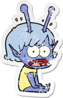 distressed sticker of a cartoon shocked alien girl png