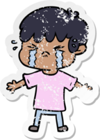 distressed sticker of a cartoon boy crying png