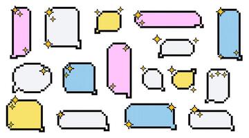 Set of pixel art colorful speech bubbles. Dialogue box with stars in 8 bit style. Modern vintage illustration. Text boxes for chats and games. Various talk balloon shapes in retro 90's style vector