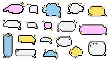 Set of pixel art colorful speech bubbles. Dialogue box with stars in 8 bit style. Modern vintage illustration. Text boxes for chats and games. Various talk balloon shapes in retro 90's style vector