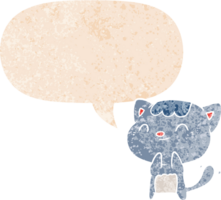 dessin animé content chat avec discours bulle dans grunge affligé rétro texturé style png