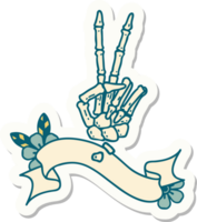 tattoo style sticker with banner of a skeleton giving a peace sign png