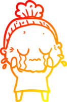 warm gradient line drawing of a cartoon crying old lady png