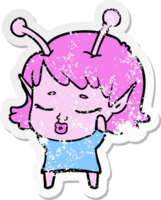 distressed sticker of a cute alien girl cartoon png