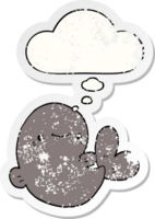 cartoon whale with thought bubble as a distressed worn sticker png