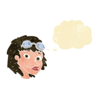 cartoon happy woman wearing aviator goggles with thought bubble png