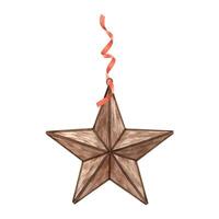 Vintage copper five-pointed star with red ribbon. Watercolor illustration in vintage style on isolated background. Drawing for Christmas and New Year holidays, invitations, cards, banners, decor. vector