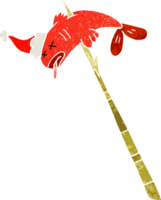 Hand gezeichnet retro Karikatur von ein Fisch aufgespießt tragen Santa Hut png