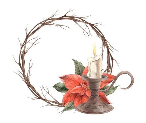 Red poinsettia flower, vintage copper candlestick with candle, tree branches. Botanical watercolor round wreath. Drawing for Christmas and New Year holidays, invitations, cards, wrapping paper, decor.