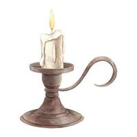 Burning candle in a metal copper candlestick in vintage style. Watercolor hand drawn illustration on isolated background in vintage style. The pattern is suitable for cards, books, invitations. vector