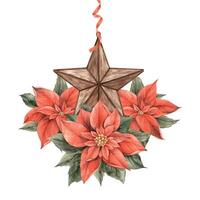 Composition of poinsettia flowers and a copper star with a red ribbon. Watercolor illustration in vintage style. Drawing for Christmas and New Year holidays, invitations, cards, banners, decor. vector