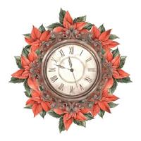 Poinsettia, Christmas red flower with green leaves and vintage clock. Watercolor illustration in vintage style on isolated background. Drawing for invitations, cards, wrapping paper, New Year's decor. vector