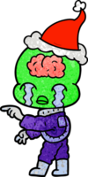 hand drawn textured cartoon of a big brain alien crying and pointing wearing santa hat png