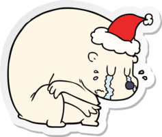 crying hand drawn sticker cartoon of a polar bear wearing santa hat png