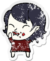 distressed sticker of a cartoon vampire girl with blood on cheek png