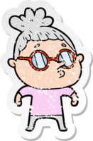 distressed sticker of a cartoon woman wearing glasses png