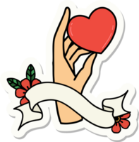 tattoo style sticker with banner of a hand holding a heart png