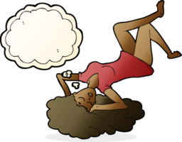 mulher de desenho animado deitada no chão com balão de pensamento png