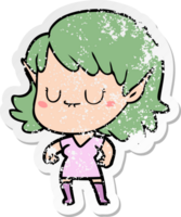 distressed sticker of a happy cartoon elf girl png