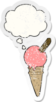 cartoon ice cream with thought bubble as a distressed worn sticker png