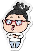 distressed sticker of a cartoon happy woman wearing spectacles png