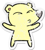 distressed sticker of a cartoon whistling bear with open arms png