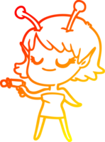 warm gradient line drawing of a smiling alien girl cartoon pointing ray gun png