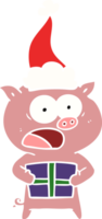 hand drawn flat color illustration of a pig with christmas present wearing santa hat png
