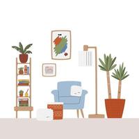 Home office interior design. Cozy study space and workplace with many plants and books. Leisure resting zone. Residential scene with cute furniture. Living room hand drawn flat illustration vector