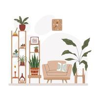 Resting and lounge zone with armchair and plants. Stands full of many different houseplants, sculptures, diffuser and other home decor. Chilling living room area hand drawn flat illustration vector