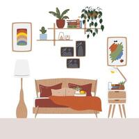 Couple room interior design in mid-century style. Residential indoor scene including posters, photos, books, plants, candles and table lamp. Master bedroom hand drawn flat illustration isolated vector