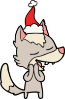 hand drawn line drawing of a wolf laughing wearing santa hat png