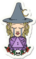 sticker of a crying elf witch with natural one D20 roll png