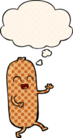 cartoon dancing sausage with thought bubble in comic book style png