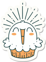 sticker of a tattoo style happy singing cupcake png