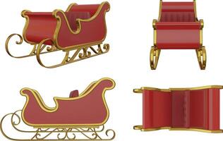 isolated santa claus sleigh 3d illustration. christmas sleigh front, side and top view vector