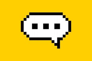 Cute sticker for social networks in pixel style. Call-To-Action speech bubble with ellipsis. 8 bit element on a yellow background. vector