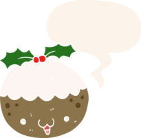 cute cartoon christmas pudding with speech bubble in retro style png